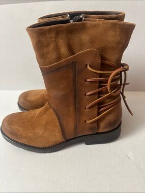 Suede Mid-Calf Lace-Back Boots - Brown